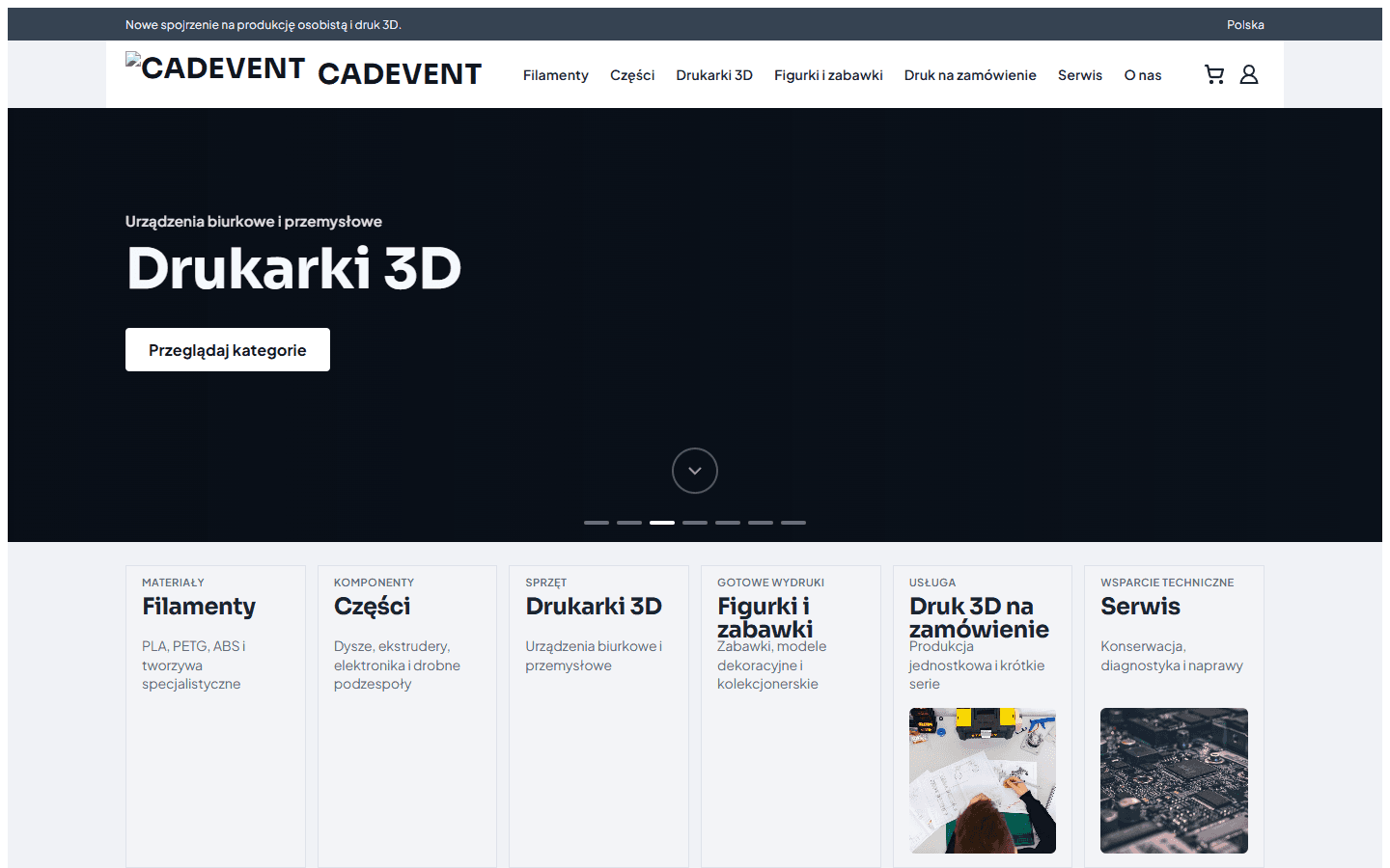 Przegląd produktów Cadevent z kategoriami druku 3D i produktami promocyjnymi