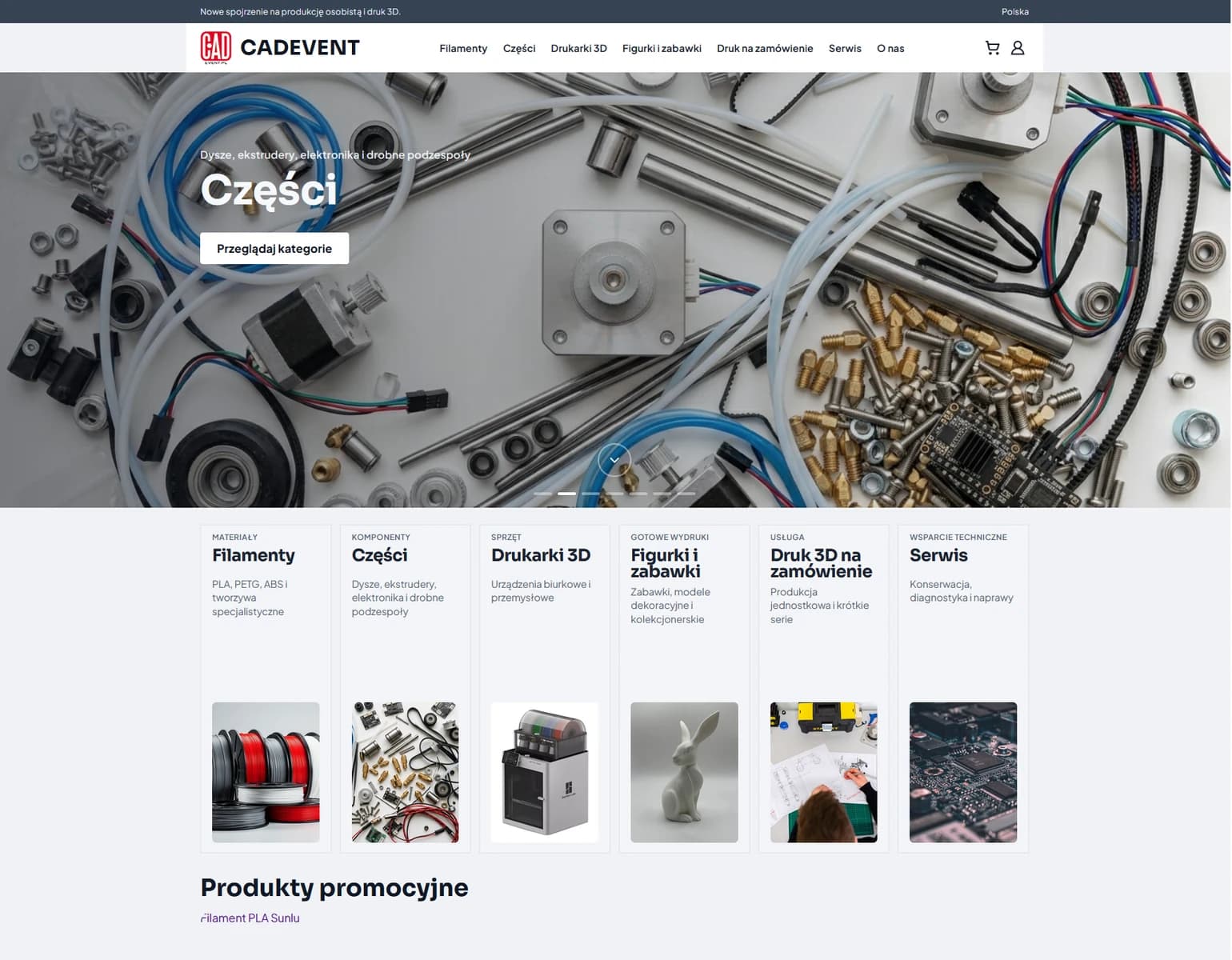 Strona główna sklepu Cadevent z produktami druku 3D
