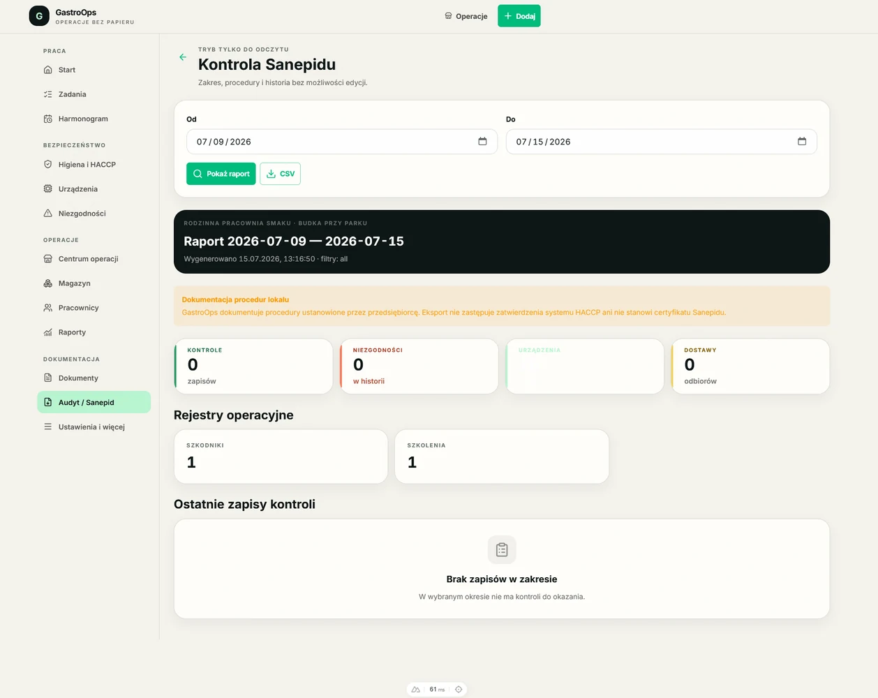 Dashboard kontroli Sanepidu z raportami, rejestrami i statusem audytu