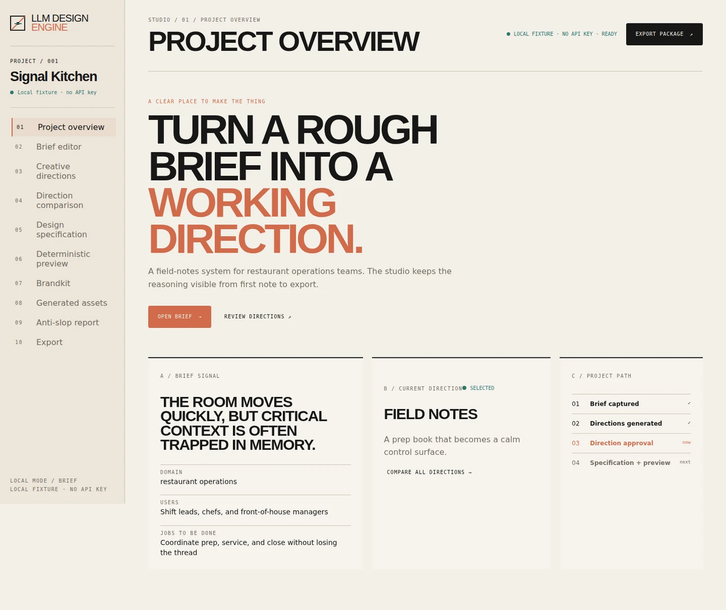 Studio LLM Design Engine z briefem projektu, wybranym kierunkiem kreatywnym i workflow eksportu