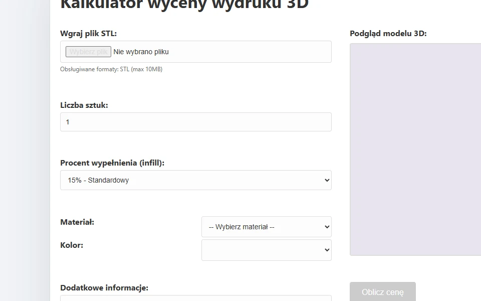 Szczegółowy kadr formularza wyceny i podglądu modelu Woo3D