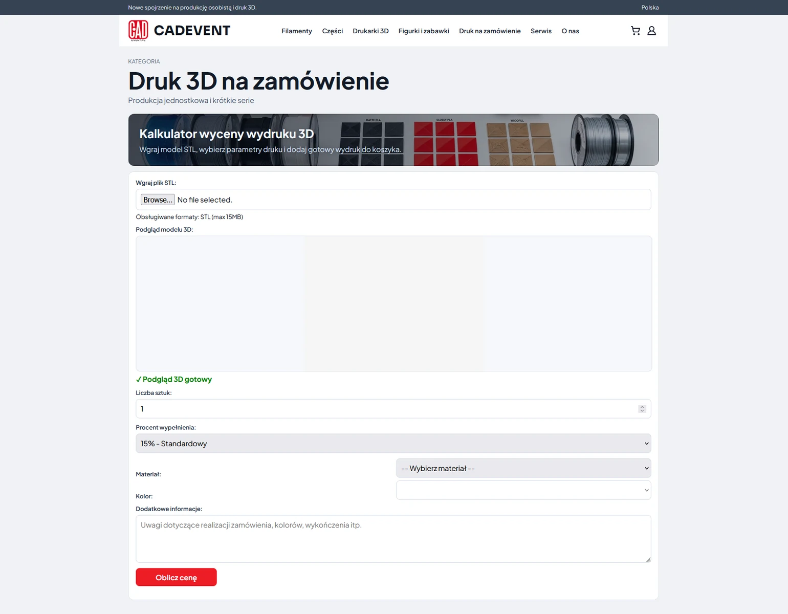 Kalkulator Woo3D wdrożony w sklepie Cadevent do zamówień wydruków 3D